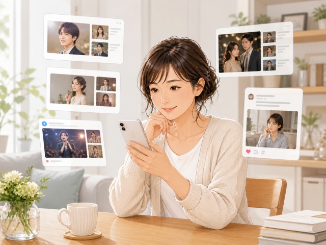主婦がスマホで芸能情報サイトをチェックしている様子